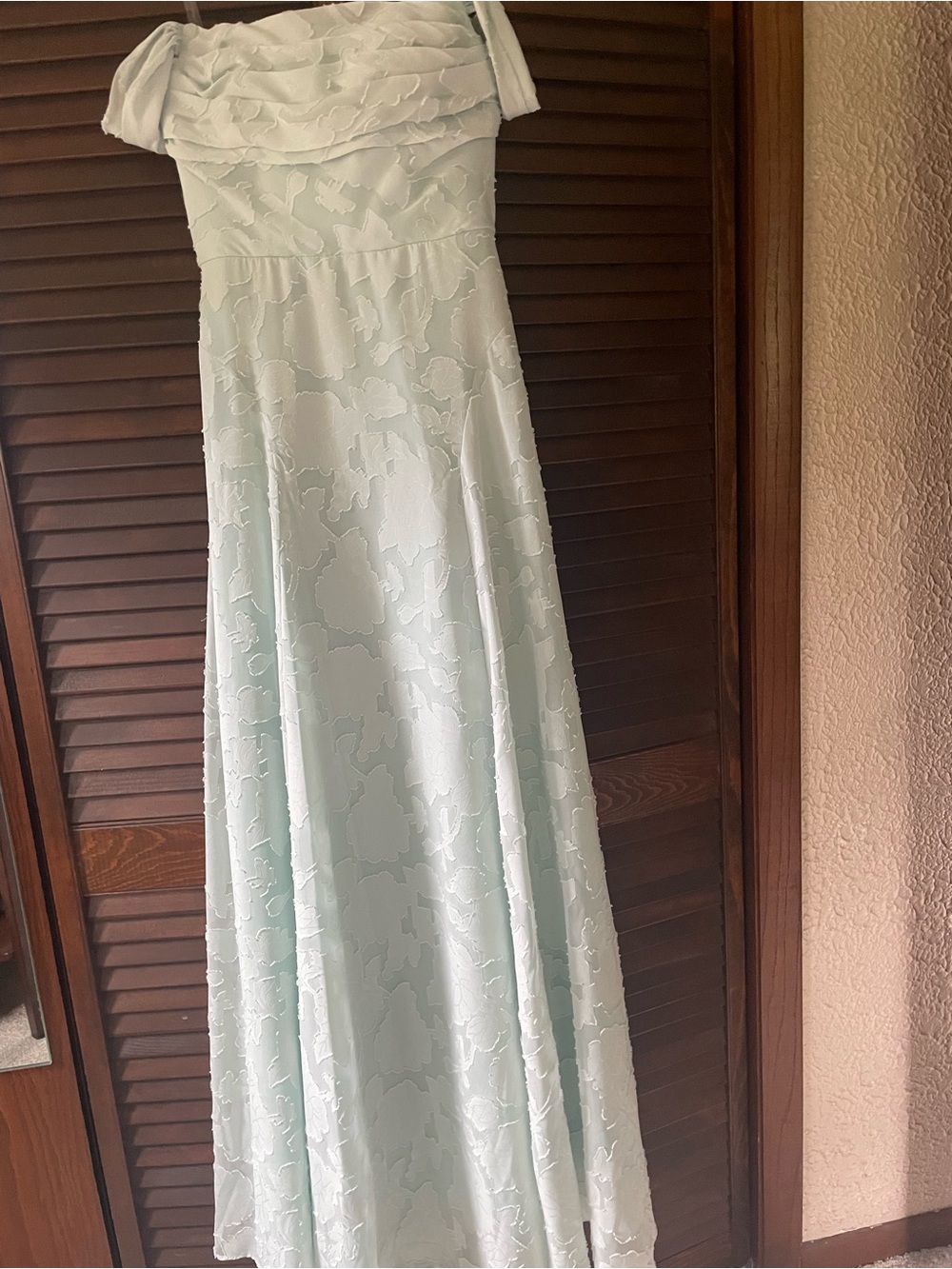 Off-Shoulder Light Mint Prom Dress with Textured Overlay